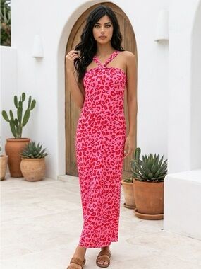 Twist-Neck Pink Leopard Print Maxi Dress